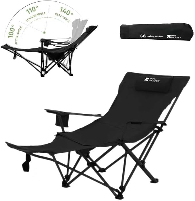 MOBI GARDEN Reclining Camping Chair with Foot Rest, 4-Position Adjustable Folding Lounge Chair for Adults, Portable & Detachable Footrest – Black - Solid Back
